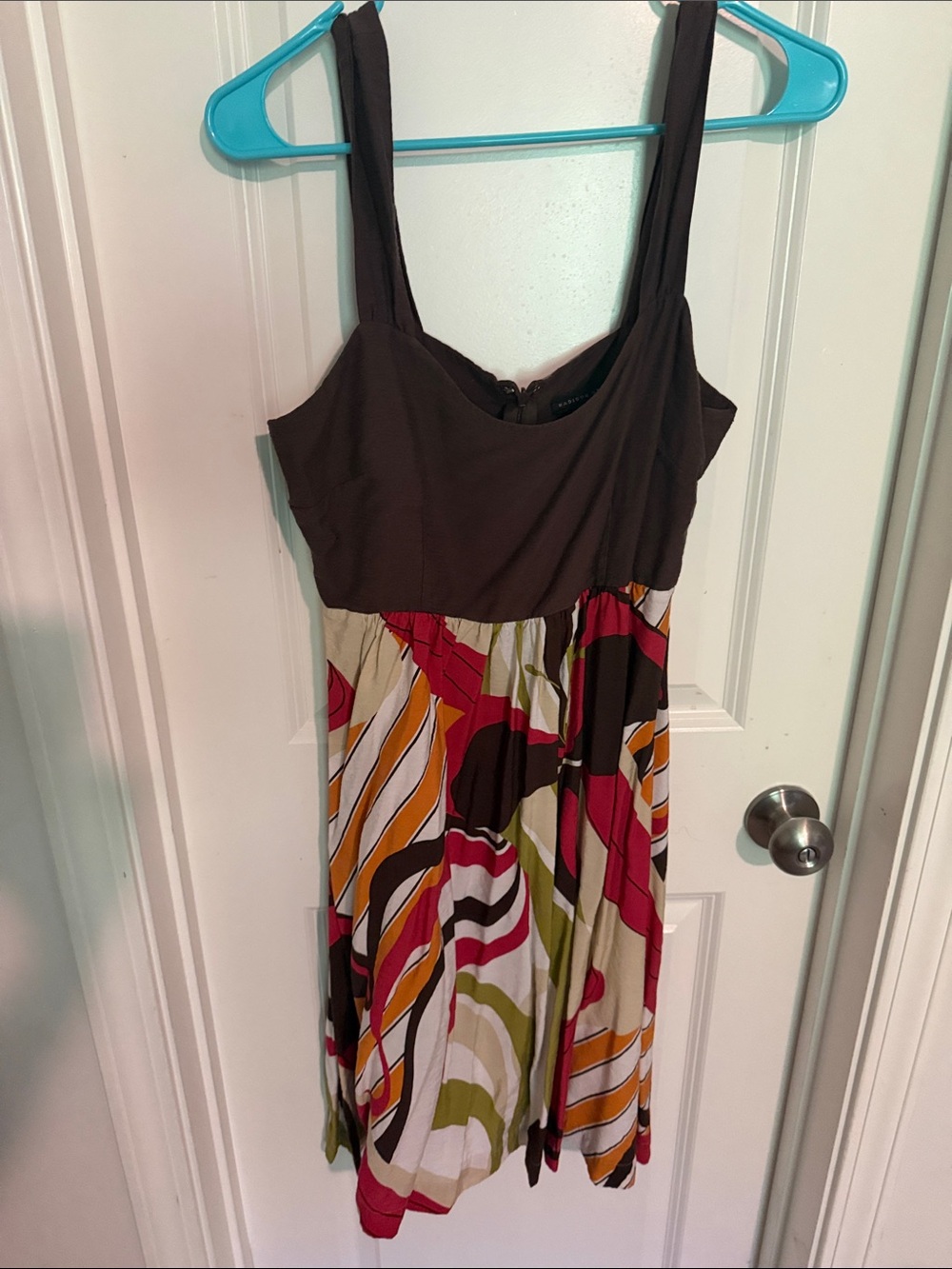 Madison Studio Brown Bodice Multicolor Pattern Midi Dress